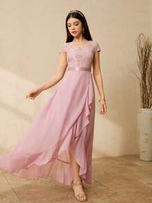Elegantes Midikleid für Teenager-Mädchen mit V-Ausschnitt, Spitze-Patchwork und asymmetrischem Saum aus Chiffon, geeignet für Hochzeit, Abschlussball, Geburtstags-Party, Bankett - Pink - Übersicht 4