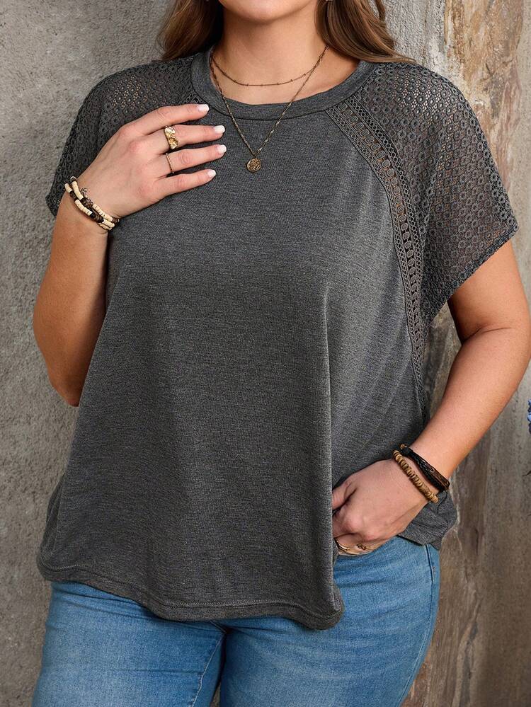 Plus Size Women Summer Casual Vacation Style Solid Color Lace Splice Raglan Short Sleeve Loose T-Shirt , Beach Holidays Going Out Top