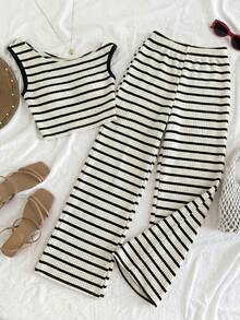 SHEIN Girlism 少女休闲度假街头风不对称肩部纹理针织提花条纹修身短款T恤和配套直筒针织条纹裤套装，返校季穿搭，红白条纹 - 黑與白 - 查看 3