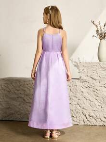 Elegant Organza & Contrast Lace Spaghetti Strap Ruffle Hem Midi Dress For Tween Girl, Suitable For Flower Girl, Wedding, Prom, Birthday Party, Banquet Light Purple Dress Formal Lilac Flower Girl Dress Tween Bridesmaid Dress - Purple - View 2