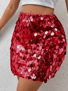 SHEIN Tall Ladies' Fashionable Party Sexy Sequin Mini Skirt - Burgundy - View 1