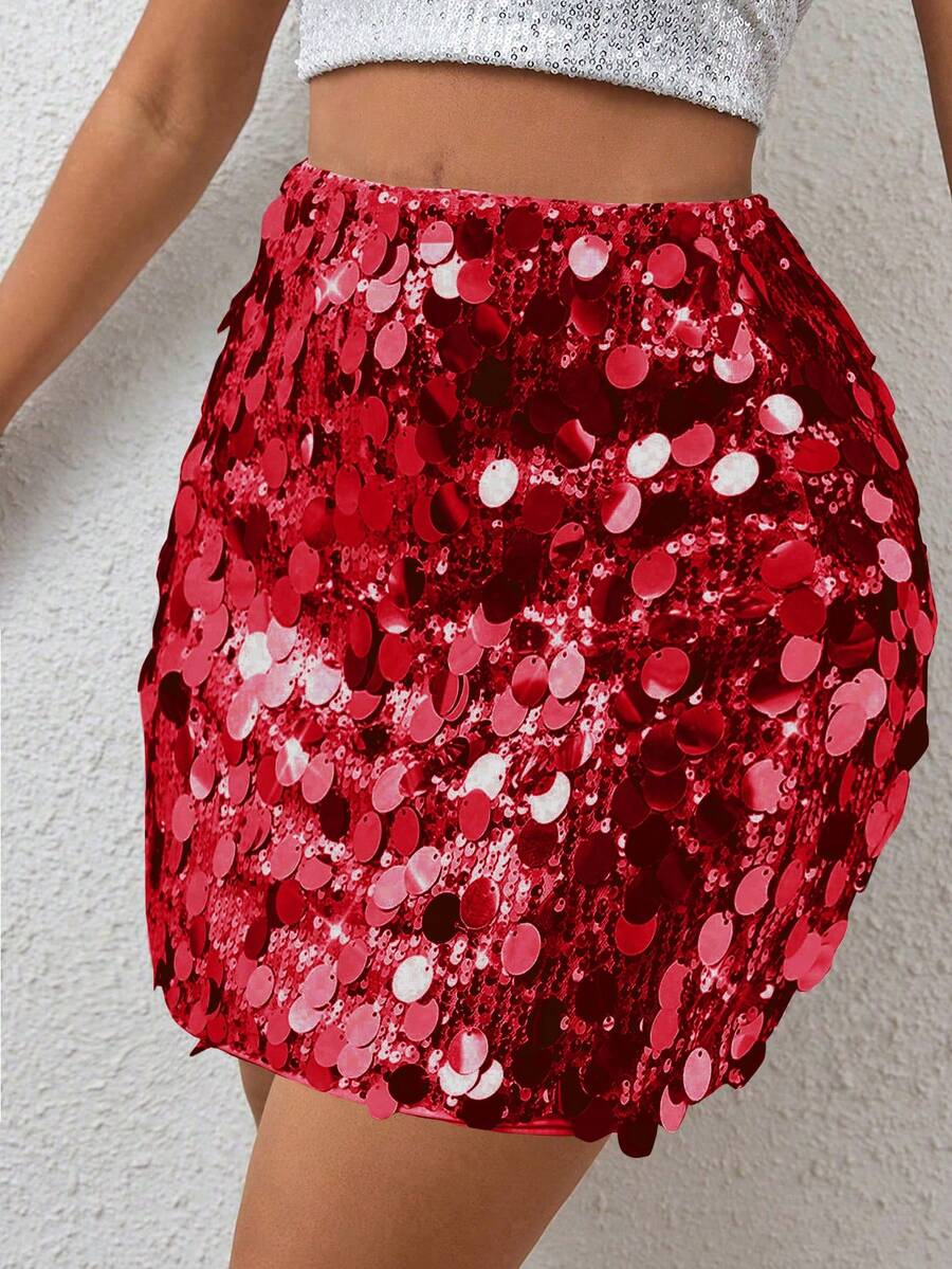 SHEIN Tall Ladies' Fashionable Party Sexy Sequin Mini Skirt - Burgundy - View 1