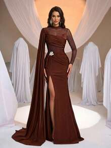 Aureia Đầm maxi dáng đuôi cá dài tay, màu nâu thanh lịch, tối giản, cổ cao, đường viền cổ bất đối xứng, thắt lưng trang trí khóa kim loại, xẻ tà cao, phù hợp cho mọi dịp trang trọng, đầm dạ hội trang trọng. - màu nâu - Xem 2