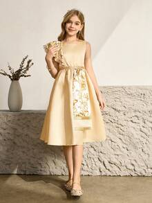 女童优雅香槟色缎面印花修身正式连衣裙，适合晚宴、派对、圣诞节、万圣节、婚礼、舞会、毕业典礼、返校季及其他场合。 - 香檳色 - 查看 3