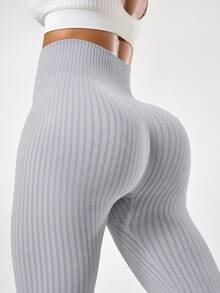 Seamluxe SHEIN Sport سراويل ضيقة نسائية ذات خصر عالي، قطنية مريحة وبتصميم مخطط - رمادي - مشاهدة 4