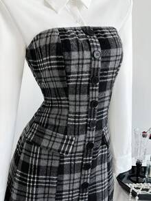 Elamini Women's White Shirt + Grey Plaid Bustier A-Line Mini Dress 2-Piece Set, Fashion Business Casual Outfit, Elegant For Office, School, Date, Autumn/Winter - Multicolor - View 5
