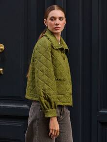 lacRébo Winter Green Quilted Jacket With Ruffled Collar And Button Front Winter Women Clothes Spring Summer  New Year - Army Green - View 4