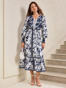 Miaspire Đầm maxi dài tay cổ chữ V in hoa thanh lịch dành cho nữ, thích hợp cho kỳ nghỉ. - Nhiều màu - Xem 9