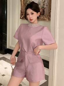 DAZY Women's Elegant Beaded Collar Blouse & Shorts 2 Pieces Set, Summer - Pink - View 6