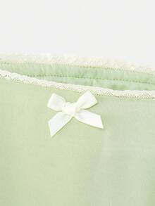 lacRébo Light Sage Satin Mini Skirt With Lace Trims And Front Bow Detail Cute Spring Valentines Day Mint Green Spring Summer Dress French Style Clothes - Green - View 9