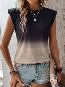 EMERY ROSE New Khaki Base Fashionable Casual Ombre Cap Sleeve Round Neck Women T-Shirt - Multicolor - View 5