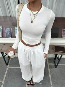 SHEIN EZwear 女士休闲度假通勤纯色抽绳腰半透明梭织九分裤，百搭 - 白色 - 查看 3
