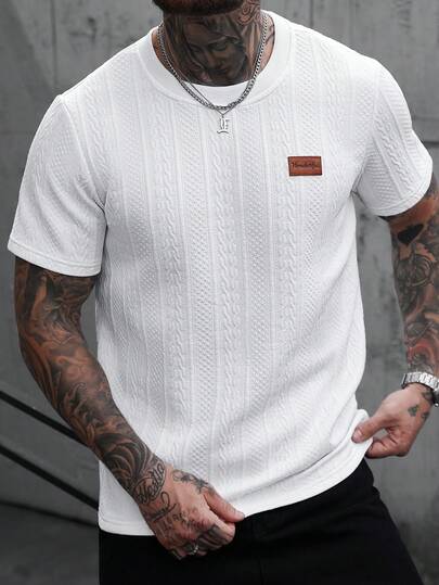 Manfinity CasualCool Camiseta de cuello redondo de manga corta de tela jacquard cómoda y talla grande vendida para hombres, adecuada para vacaciones, uso casual, fiestas, cenas con amigos, negocios sencillos, fiestas de cócteles, galas, se puede usar sola o combinada con un traje casual, excelente para uso personal o como regalo para amigos