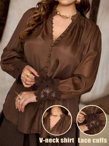 Roveilla 大码棕色门襟蘑菇扣开襟衬衫，宽松舒适，蕾丝袖口，简约优雅百搭经典款 - 鏽棕色 - 查看 9