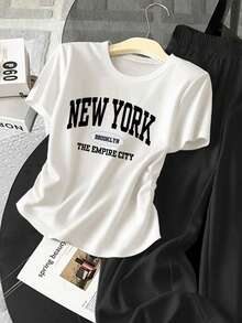 Resyla 女士字母印花褶皱圆领短袖T恤和阔腿裤休闲两件套 - 彩色 - 查看 4