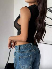 INAWLY Women's Summer Solid Color Stand Collar Mesh Asymmetrical Hem Tank Top - Black - View 2