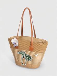 ROMWE Fairycore 1 Buah Tas Tote Wanita Bertema Liburan dengan Hiasan Kerang, Bintang, dan Mutiara, Tas Pantai Jerami Alfabet Kapasitas Besar, Cocok untuk Musim Semi/Panas - Khaki putih - View 6