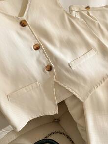 Elladie kids 2pcs/Set Girls Sleeveless V-Neck Tank Top & Wide Leg Straight Pants Casual Suit, Versatile For Daily, Business, School Wear - Apricot - View 6