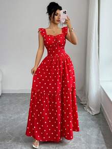 Rafferiza 爱心印花荷叶边领泡泡袖系带露背喇叭连衣裙，红色爱心连衣裙，情人节约会佳选，女士夏季连衣裙 - 紅色 - 查看 6