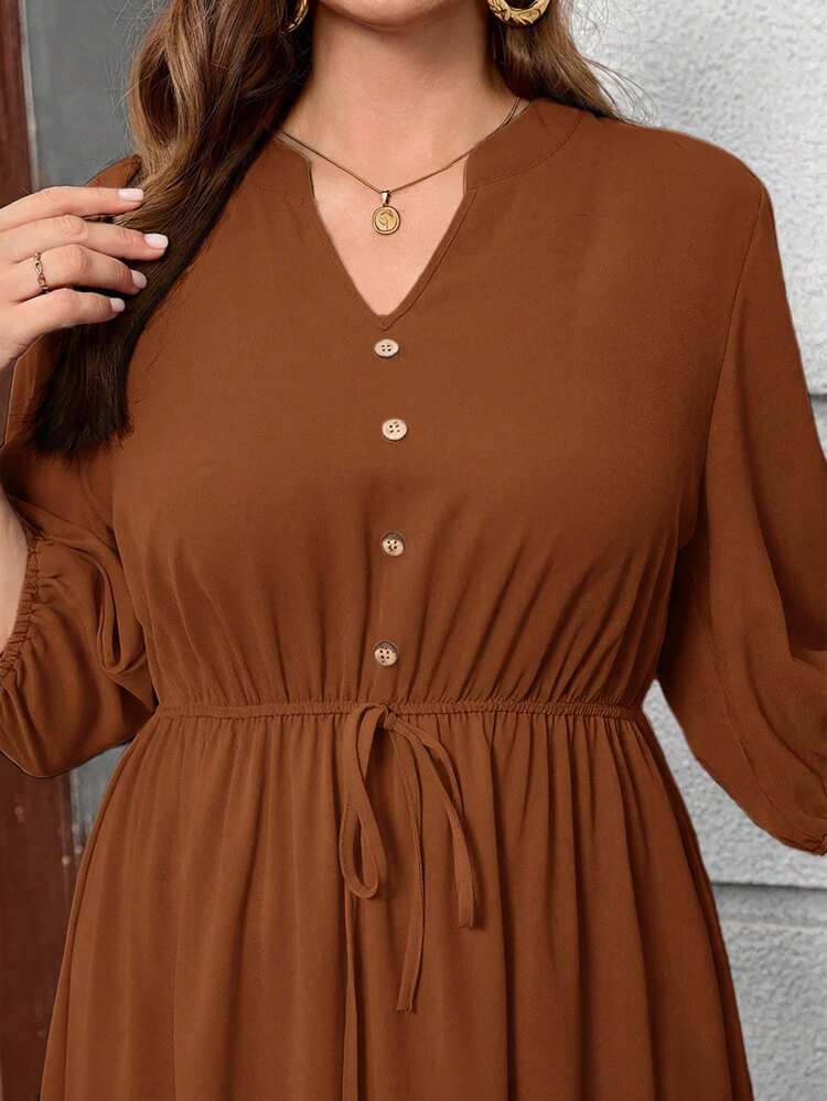 Plus Size V-Neck Regular Shoulder Puff Sleeve Concealing Belly Midi Dress