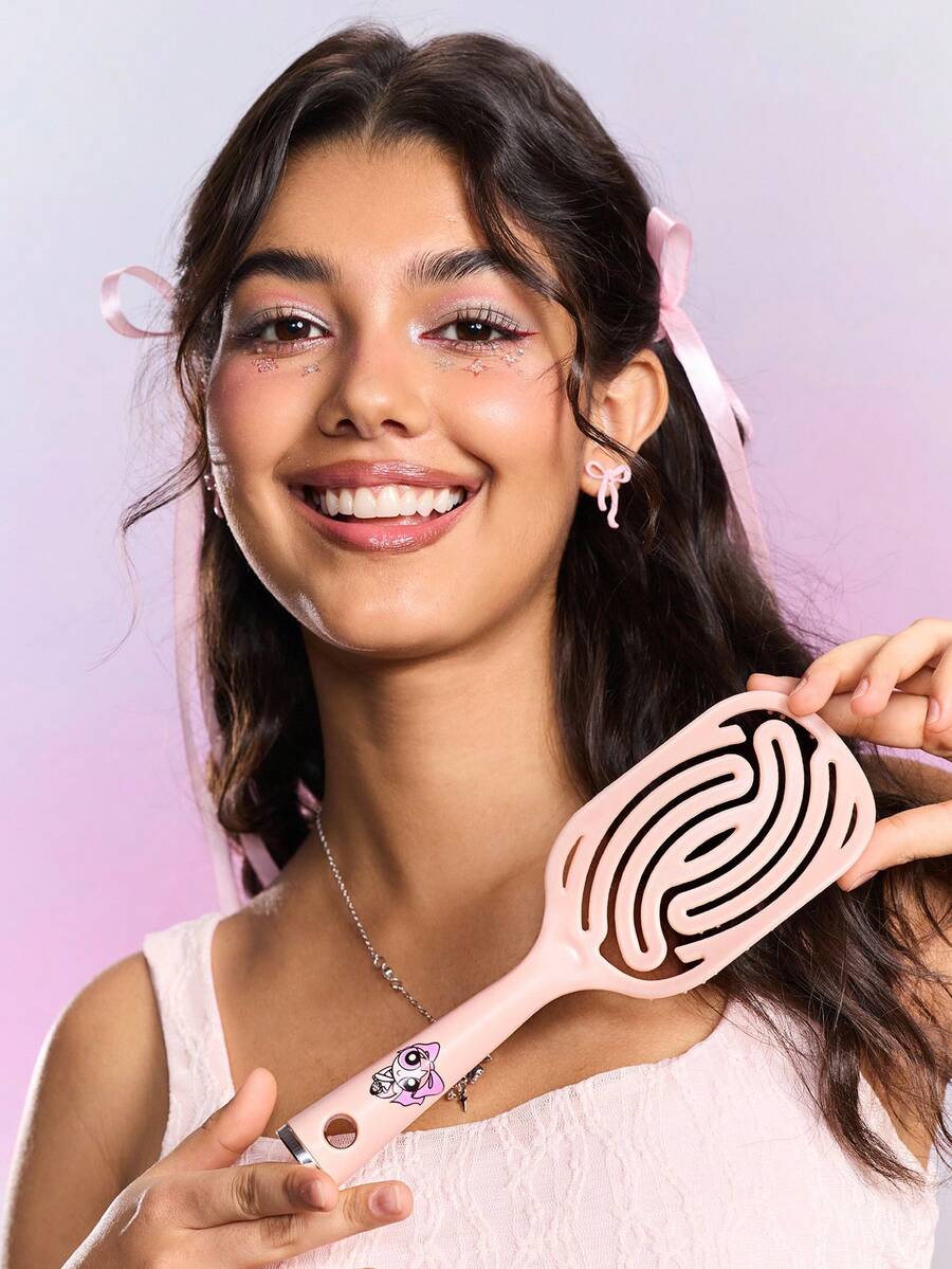 FanGlow THE POWERPUFF GIRLS X SHEIN 1 Pc Hollow Out Hair Comb / Vented Hair Brush Styling Comb ,Hair Comb With Handle,Detangling Hairbrush For All Hair Type,Men&Women,Dry & Wet Use ,Christmas Small Gifts, Birthday Gift Anniversary Charm Gift - Pink - View 1
