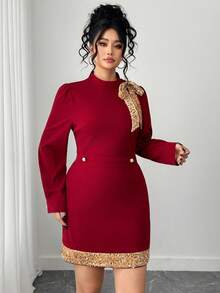 Elenzga Große Größen 2 Stücke Set mit elegantem, vielseitigem Knopfdekor-Top & Bindetaille-Rock, romantische Elemente, geeignet für den Valentinstag - Rot - Übersicht 6