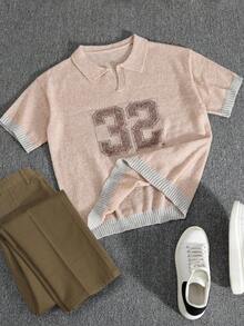 Manfinity Homme Áo thun nam tay ngắn dáng rộng, họa tiết số, chất liệu dệt kim. - Màu Khaki - Xem 3