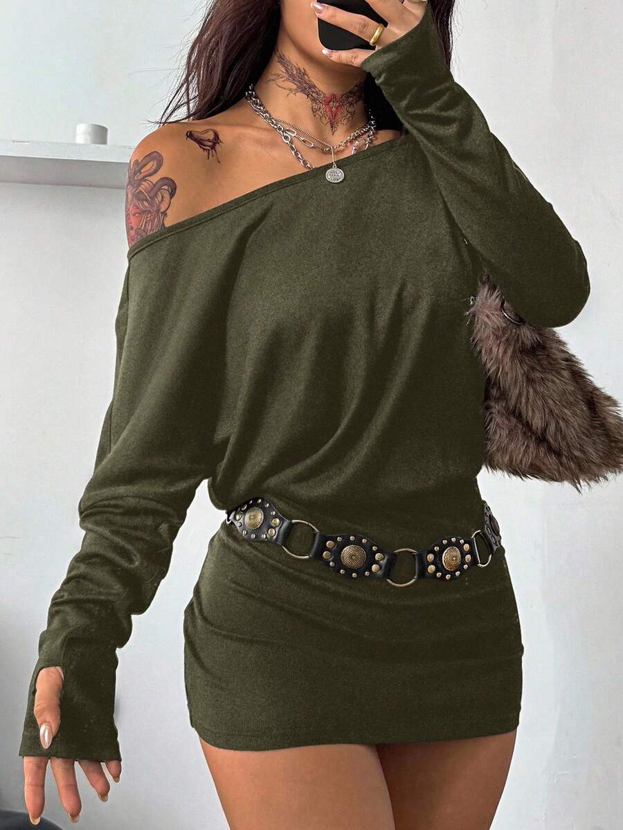 Coolane Đầm ngắn ôm dáng tay dài, màu trơn, vai lệch, dành cho nữ. - màu xanh lá - Xem 1