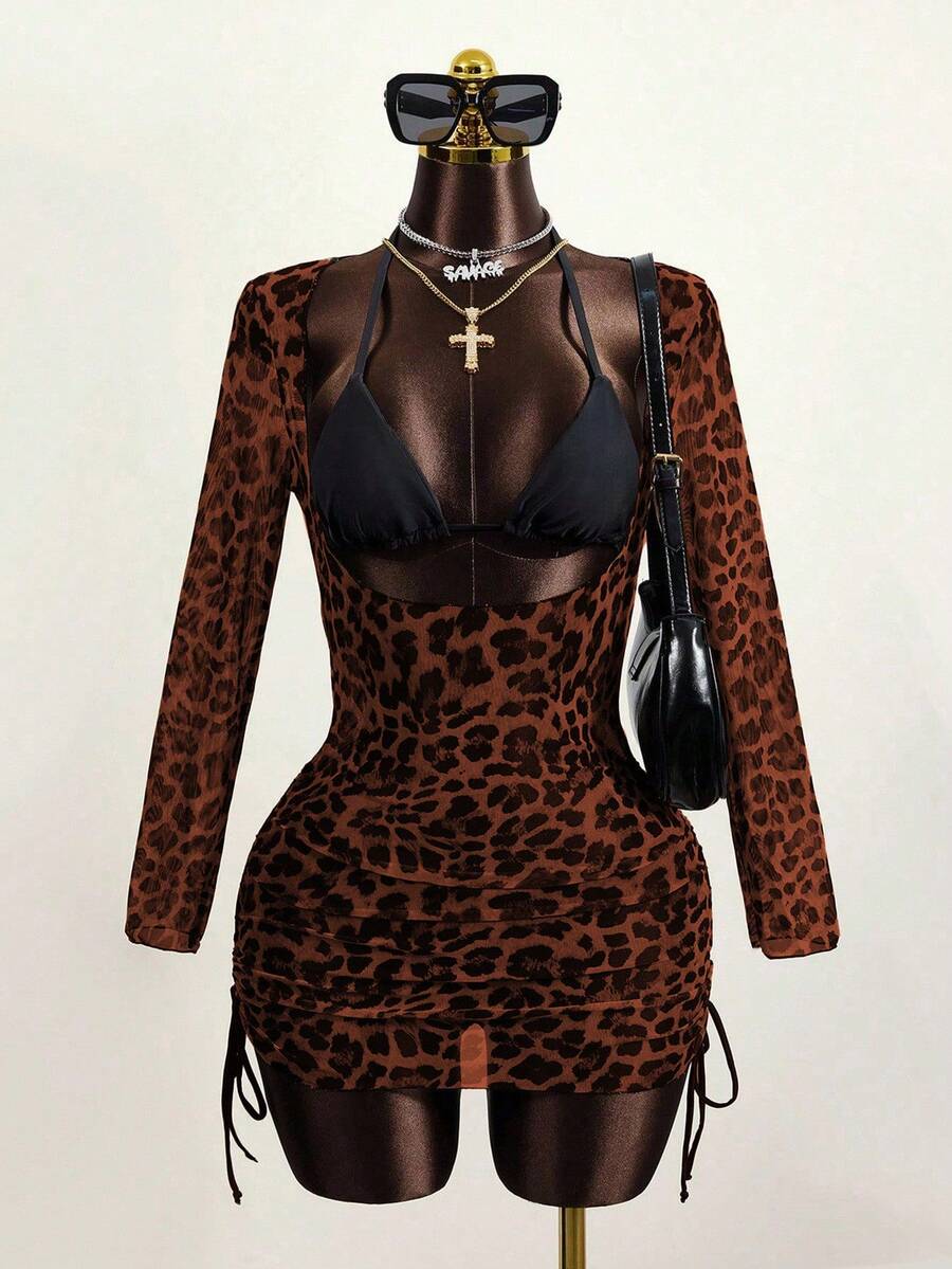 Zestiva Vacation Beach Leopard Print Side Drawstring Fitted Cover-Up - Multicolor - View 1