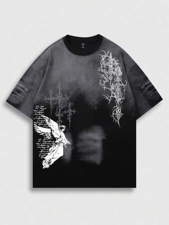 Herren Lässig Fashion Street Angel Slogan Farbverlauf Verwaschen Kurzarm T-Shirt, Sommer