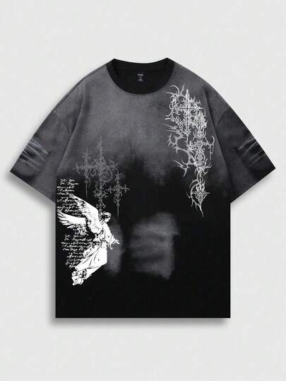 T-shirt à manches courtes pour homme, style décontracté, imprimé ombré, avec slogan Street Angel. Collection été.