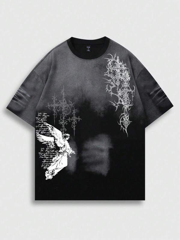 ROMWE MEN Men's Casual Fashion Street Angel Slogan Ombre Washed Short Sleeve T-Shirt, Summer