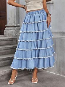 Breezaya Chân váy denim ngắn nữ thời trang thường ngày, kiểu dáng xếp ly, rách gấu. - Màu xanh lam - Xem 3