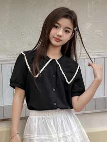 DAZY Áo sơ mi tay ngắn cổ Peter Pan cài cúc phía trước, kiểu dáng thường ngày cho bé gái tuổi teen, thích hợp mặc mùa hè. - màu đen - Xem 7