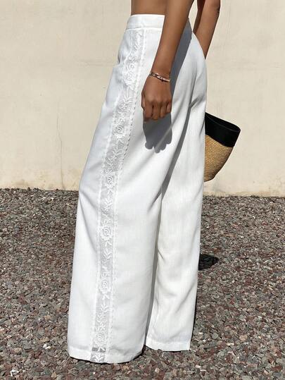 Livesso Women's Vacation Casual Solid Color Lace Patchwork Wide Leg Pants