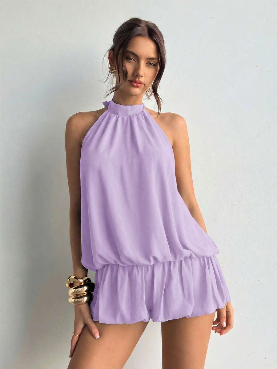 Aloruh 荷叶边领无袖露背时尚紫色花苞连衣裙 - 紫丁香色 - 查看 1