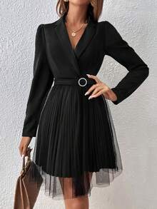 EMERY ROSE Đầm dài tay dáng chữ A thắt eo thanh lịch lãng mạn chi tiết, cài nút kim cương tối giản, thích hợp để đi làm - màu đen - Xem 4