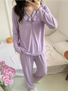 مجموعة بنطلون ولباس علوي بأكمام طويلة لون بنفسجي غامق بيجامات مريحة للبنات قطعتان - الأرجواني - مشاهدة 4