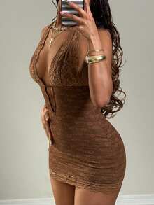 EgrlEra Deep V-Neck Lace Backless Halter Bodycon Mini Dress - Coffee Brown - View 3