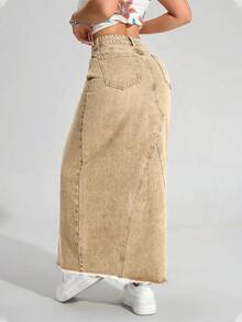 SHEIN ICON Plus Size Women's Solid Color Washed Denim Mini Skirt, Autumn/Winter - Light Yellow - View 2