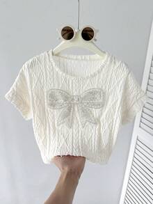 SHEIN 少女白色春夏休闲优雅宽松落肩圆领提花纹理蝴蝶结装饰T恤