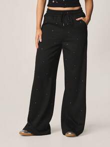 MISSGUIDED Relaxed Wide Leg Joggers With Hotfix Crystal Rhinestone Embellishments All Over Print - Black - View 1