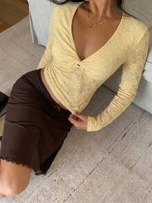 Aloruh 女士性感低胸修身针织提花套头长袖露脐上衣 - 黃色 - 查看 6
