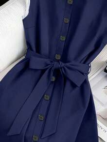 GlowEve CURVE Women's Navy Blue Summer Elegant Formal Dress,Large-Sized Woven French Style Sleeveless Collared Dress With Button Front,Casual Vacation Preppy Dress - Blue - View 5