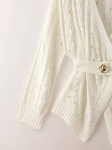 GlowEve Women's V-Neck Criss-Cross Hollow Out Jacquard Irregular Hem Long Sleeve White Belted Cardigan Sweater, Elegant Office Wear, Spring/Autumn - White - View 7