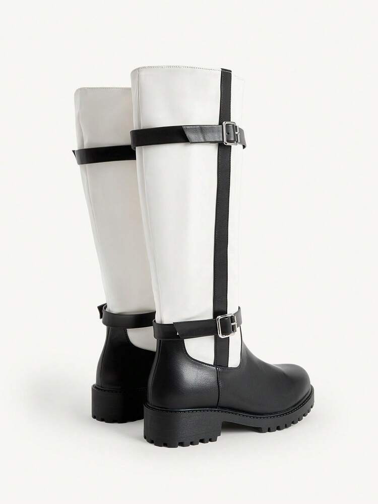 CUCCOO CHICEST Women's Contrast Color Buckle Design Casual High-Top Boots For Daily Wear Valentine's Day