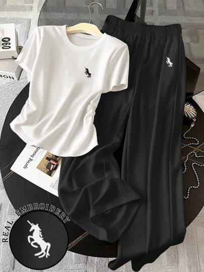 Resyla 2 piezas Conjunto de camiseta de manga corta casual y pantalones de ajuste holgado para mujer