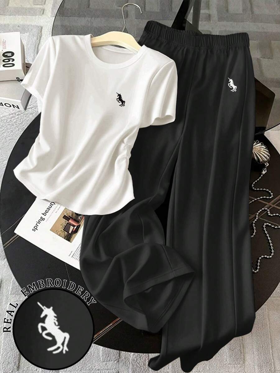 Resyla 2 piezas Conjunto de camiseta de manga corta casual y pantalones de ajuste holgado para mujer - Multicolor - Ver 1