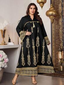Al Najma Plus Size Women Elegant V-Neck Sequins Pendant Ribbon Beaded Loose Long Dress - Black - View 7