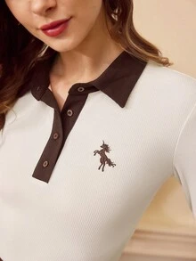 Vintamour 复古经典优雅学院风女式T恤，春秋/冬季修身Polo领撞色刺绣长袖T恤 - 杏色 - 查看 6